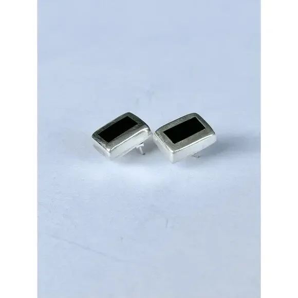 1960s Taxco TA-142 925 Silver & Black Onyx Baguette Rectangle Post Stud Earrings - Picture 4 of 8